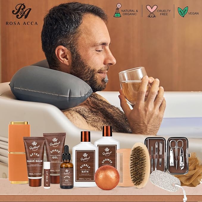 Bath Gift Set & Beard Kit with Leather Bag, 21pcs Sandalwood Bergamot Home Spa Kit, Relaxing Men's Body Wash Gift Basket & More for Christmas, Birthday, Father's Day Gift, Dad, Boyfirend, Husband