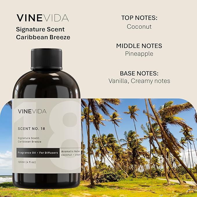 VINEVIDA Caribbean Breeze Fragrance Oil for Cold Air Diffusers - (4 Fl Oz) - Essential Oils for Diffuser Oil Refill & Air Freshener Room Spray
