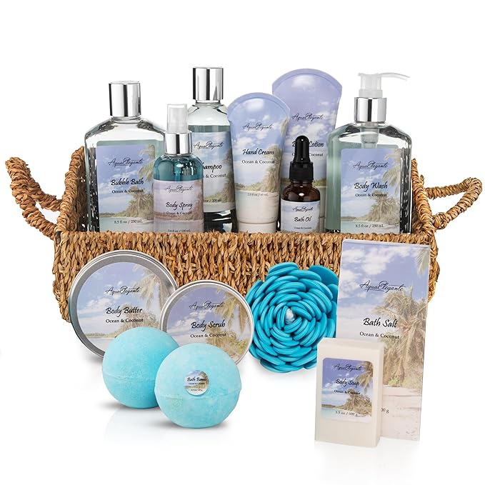 Bath Spa Gift Sets - Luxury Basket With Ocean & Coconut - Spa Kit Includes Wash, Bubble Bath, Lotion, Bath Salts, Body Scrub, Shower Puff, Bathbombs, Soap and Towel