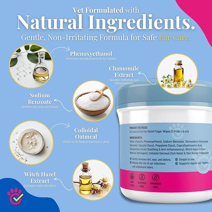 Dr. Paws Dog Ear Cleaner Finger Wipes - Ear Finger Wipe for Dog Ear Infection Treatment, Easy to Use Cat Ear Cleaner, Eliminates Odor, Dog Ear Cleaning Solution, Dog Ear Wipes (Oatmeal)