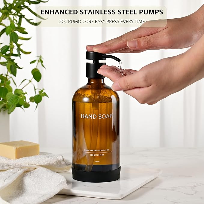Soap Dispenser Set with Non-Slip Protective Silicone Pad,Hand Soap Dispenser for Bathroom Decor, Amber Kitchen Accessories (Amber Bottles + Black Pumps)