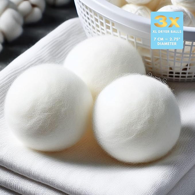 Wool Dryer Balls, Laundry Reusable Anti Static Natural Fabric Softener. Organic XL Hypoallargenic Made with 100% New Zeland Wool. Pet Lint Hair Catcher Helper