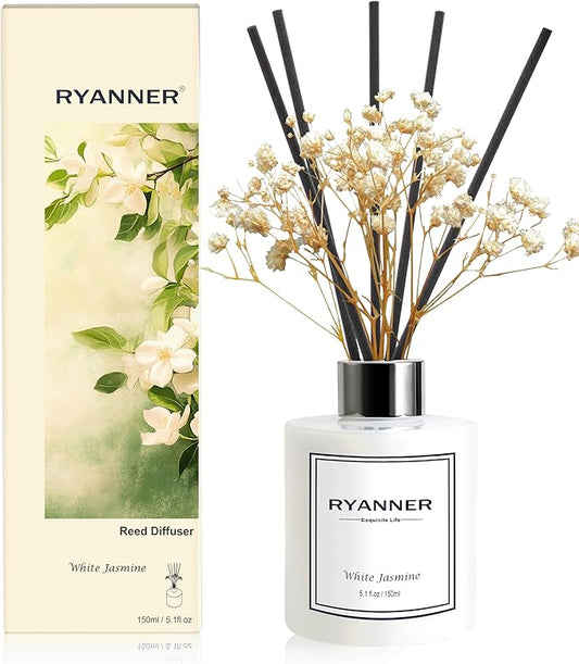 Flower Reed Diffuser Set,5.1 fl oz White Jasmine Scent Diffuser with Sticks Home Fragrance Reed Diffuser with Essential Oil for Bathroom Shelf Decor&Air Freshener,Home Bathroom Office Decor