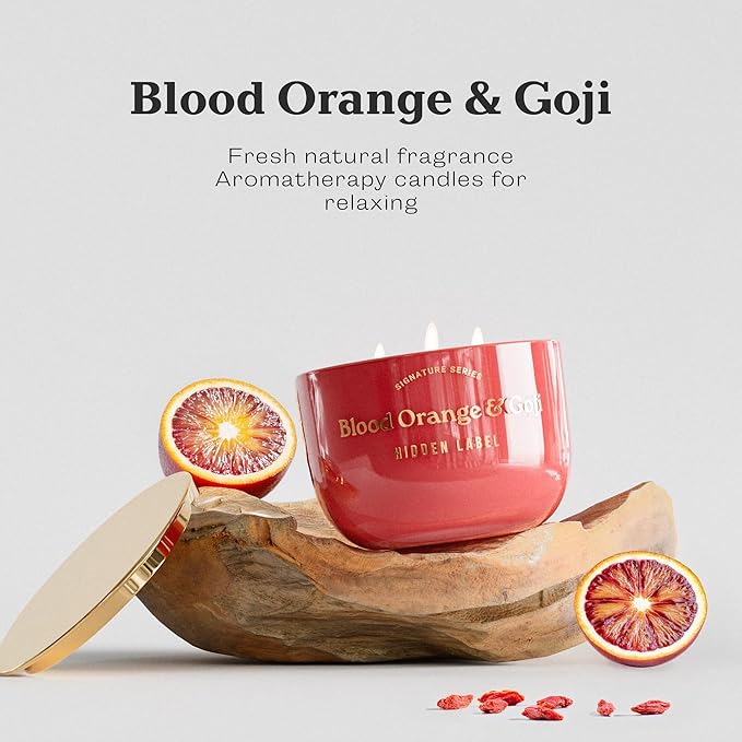 Hidden Label Blood Orange & Goji Scented Candles, 3 Wick Aromatherapy Candle for Home Scented – 18oz/70-Hour Burn Time, 100% Natural Soy Candle Non Toxic, Luxury Home Décor for Women and Men Gifts