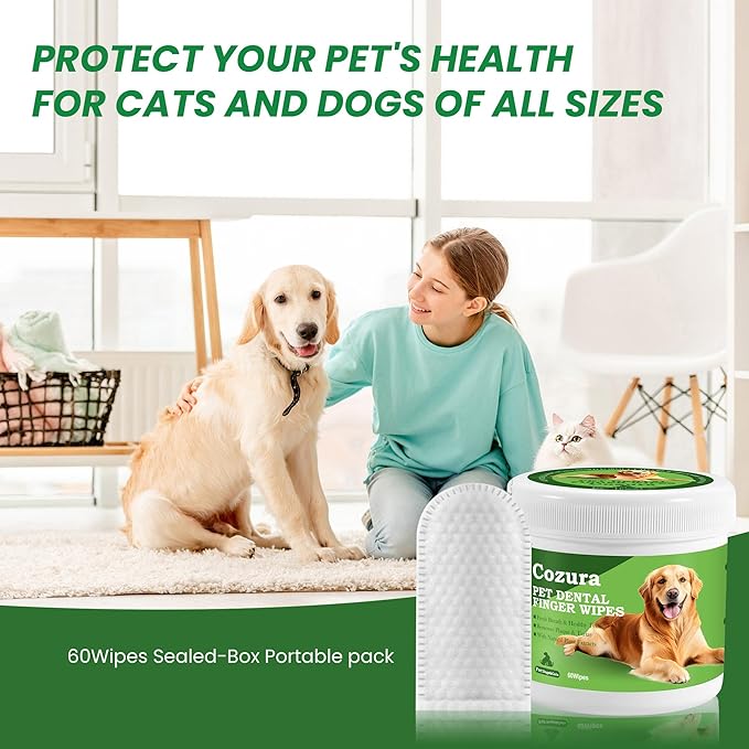 Teeth Cleaning Wipes for Dogs & Cats –Dog Dental Care Finger Wipes, Dog Finger Toothbrush Wipes Helps Remove Tartar & Plaque, Fresh Breath, Rinse Formula for Dogs & Cats Teeth Cleaning Kit-60 Count