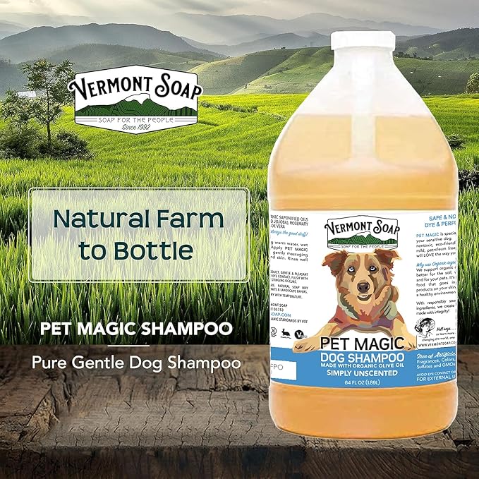 VERMONT SOAP Organics Pet Shampoo - Infused with Organic & Natural Olive Oil, Coconut & Aloe Vera Dog Shampoo for Sensitive Skin - USDA Certified Grooming, Unscented (64oz)