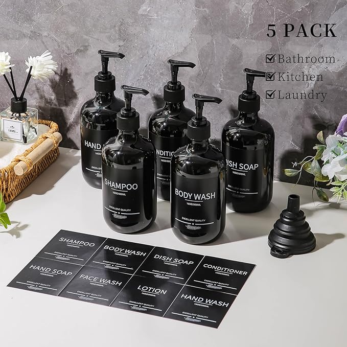 (5Pack) Black Shower Bottles Refillable with Labels, 16.9oz Reusable Shampoo and Conditioner Bottles,Shampoo Dispenser Bottles