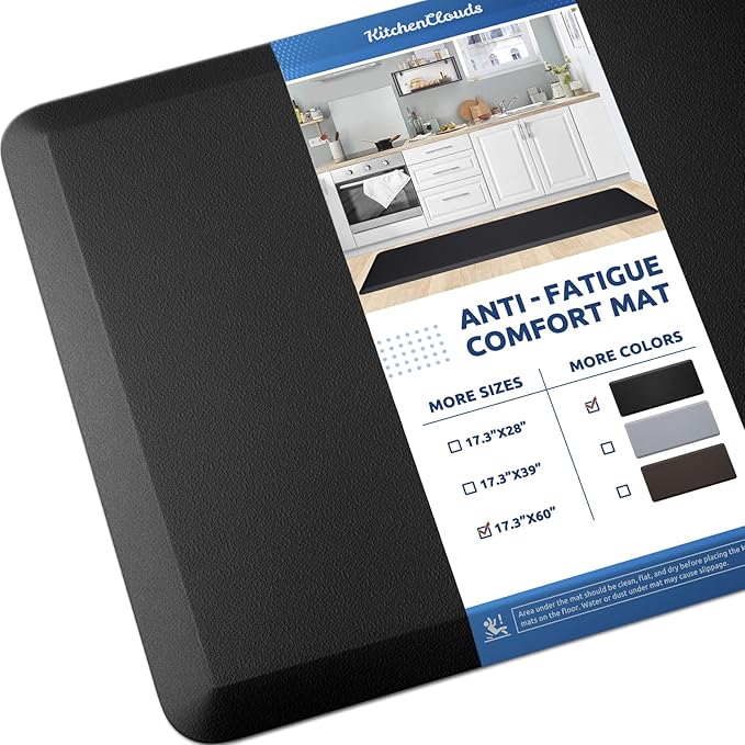 KitchenClouds Kitchen Mat Cushioned Anti Fatigue Rug 17.3"x60" Waterproof Non Slip Standing Desk Mat Comfort Floor Mats for House Sink Office (Black)