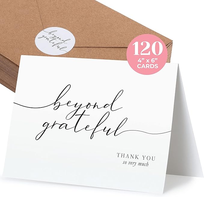 120 Heavyweight Blank Thank You Cards with Envelopes Beyond Grateful Thank You Cards, Bridal Shower, Engagement, Graduation, Wedding Bulk Pack Card with Envelopes & Stickers (4 x 6 Inches) (120 Pack)