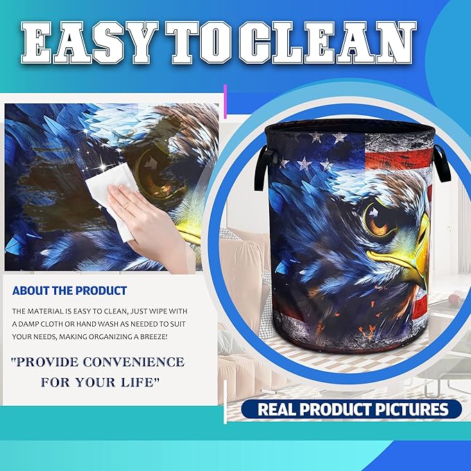 Vintage American Flag Eagle Laundry Basket Patriotic Oxford Cloth Laundry Hamper With Handle Foldable Portable Clothes Storage Basket 18.9 X 16.5 Inch Storage Bag For Laundry Room/Bathroom/Bedroom