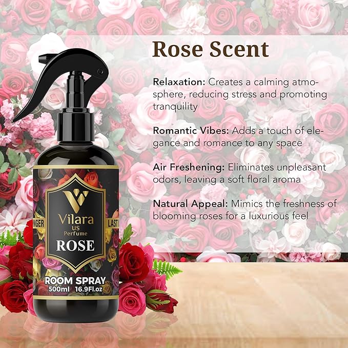 Vilara US Room Spray Freshener – Long-Lasting Luxury Perfume Scent, Linen & Fabric Spray for Bedding, Furniture, Home & Bedroom Aromatherapy – 16.9 fl oz (Rose)