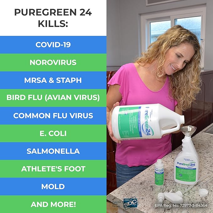 PureGreen24 Value pack Safe & Effective Disinfectant. Kills Deadly Germs including RSV COVID-19 Norovirus MRSA Staph 2025 flu Bird flu Contains no toxic chemicals odorless (1 gallon 3 x 32oz sprays)