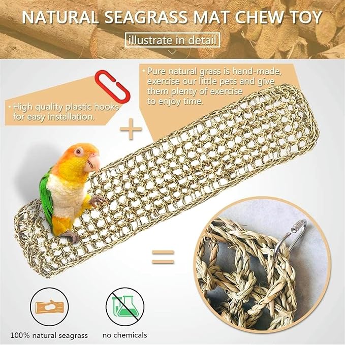 2Pcs Bird Seagrass Mat 20.5×8'' Natural Grass Woven Net Hammock Hanging on Cage Parakeet Climbing Rope Ladder Chew Toys for Lovebird Cockatiel Conure Budgie Cockatoo
