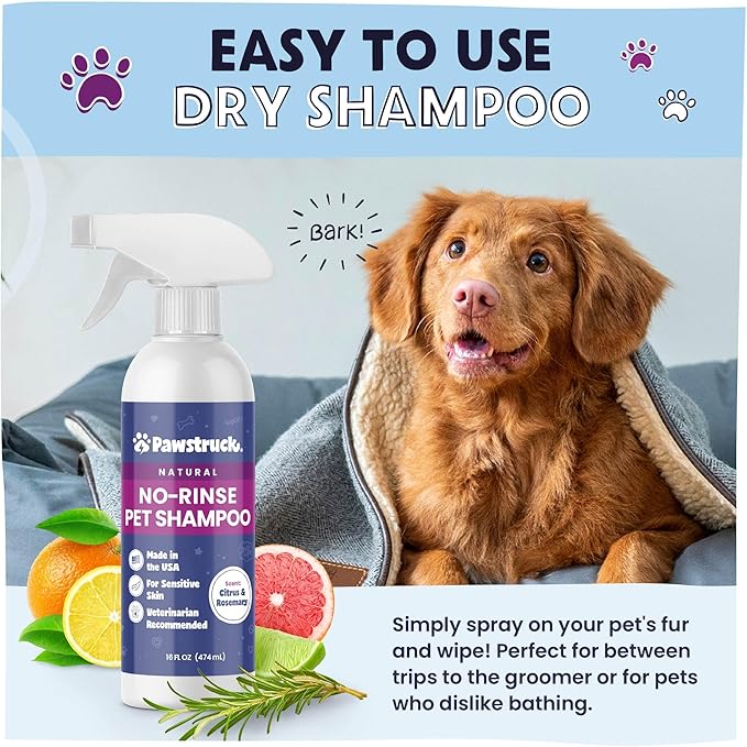 Pawstruck Natural No-Rinse Dry Shampoo for Dogs, Puppies, & Other Pets, Citrus & Rosemary - Waterless Deodorizing Spray Made in USA to Freshen & Remove Odors - 16 fl oz - Packaging May Vary