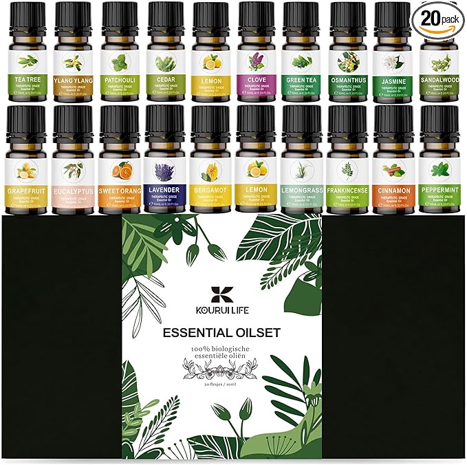 Essential Oils Set for Diffuser, Aromatherapy Oils 20 * 10 ml, 100% Organic Fragrance Oil Kit for Humidifier, Skin Care, Candle Making, Peppermint, Lavender, Eucalyptus, Jasmine, Ylang Ylang & More