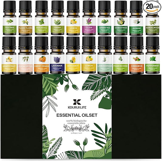 Essential Oils Set for Diffuser, Aromatherapy Oils 20 * 10 ml, 100% Organic Fragrance Oil Kit for Humidifier, Skin Care, Candle Making, Peppermint, Lavender, Eucalyptus, Jasmine, Ylang Ylang & More
