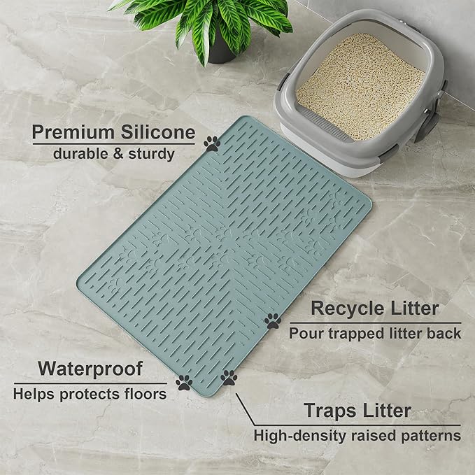 OHMO Cat Litter Mat Large Trapping Mat Premium Silicone Rubber 23.5x16 Light Blue, Waterproof and BPA Free Kitty Litter Box Mat, Easy to Clean and Keeps The Floor Tidy