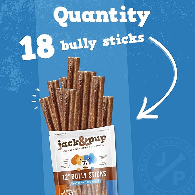 Jack&Pup 12-inch Premium Grade Odor Free Bully Sticks Dog Treats (18 Pack) 12” Long All Natural Gourmet Dog Treat Chews Fresh and Savory Beef Flavor – Long Lasting Treat