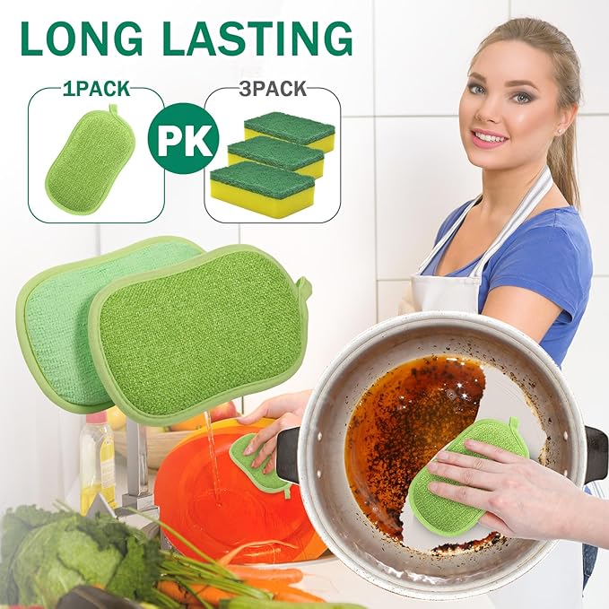 24 Pack Multi Purpose Scrub Sponges Non Scratch Microfiber Sponge Cleaning Dish Scrubber Reusable Dish Sponges for Washing Dishes Along with Heavy Duty Scouring Power (Green)