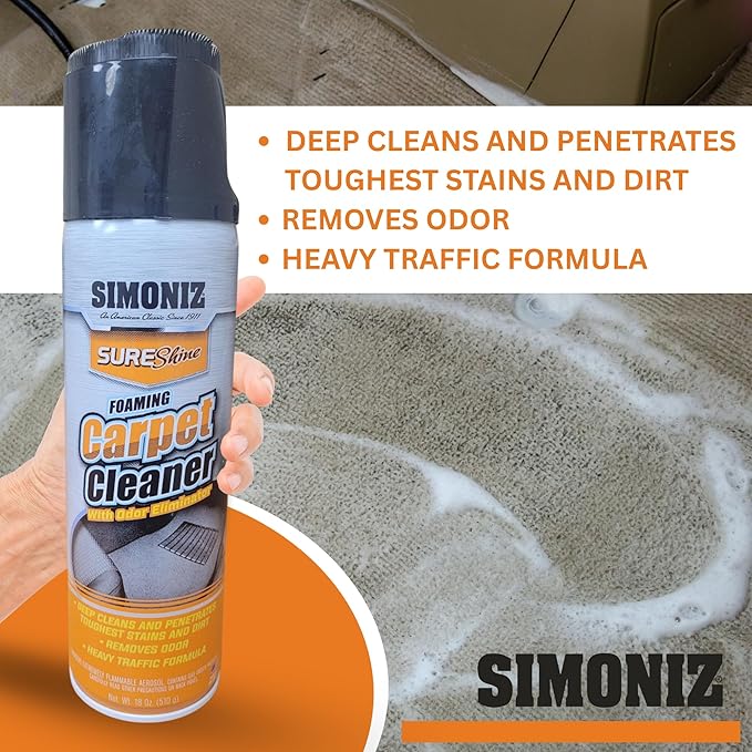 Simoniz Auto Stain & Odor Neutralizer - Fast-Acting Foam w/Built-In Stain Remover Brush - Deep Cleans Your Cars Rugs & Upholstery of Grease, Coffee, Milk, or Other Pesky Stains (New Car Scent)