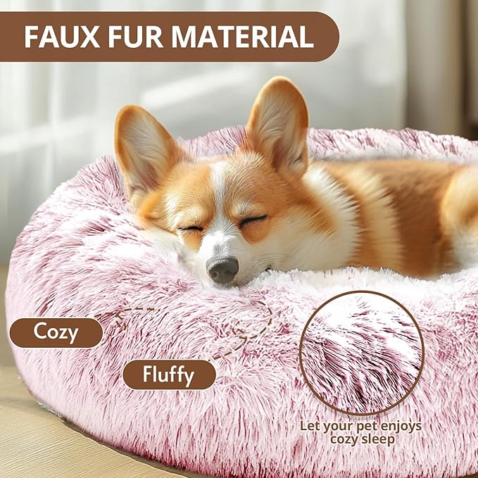JOLLYVOGUE Small Dog & Cat Beds for Indoor Cats, Donut Cuddler Warming Soft Dog Beds with Anti-Slip Bottom, Round Calming Fluffy Plush Faux Fur Cushion Bed for Small Dogs (20", Smoke Pink)