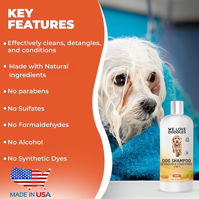 We Love Doodles Dog Shampoo, Conditioner, & Detangler - Shampoo for Dogs, Goldendoodles, Poodles & Doodles, for Matted Pet Hair & Sensitive Skin, Made in The USA, Mango, 16 oz