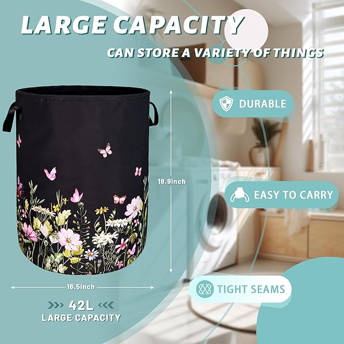 Beautiful Flowers Laundry Hamper With Handles Foldable Oxford Cloth Butterfly Tote Bag Floral Colorful Laundry Basket Clothes Toy Storage Bucket 18.9"x16.5" For Bathroom/Laundry/Bedroom