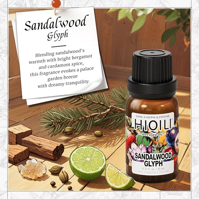 HIQILI Diffuser Oil for Humidifier & Reed Diffusers, Suitable for Home and Other Scenarios, Long Lasting Scent - Sandalwood Glyph, 0.34 Fl Oz