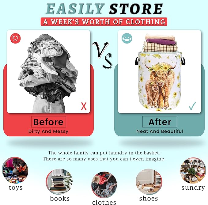 Highland Cow Laundry Hamper Sunflower Flowers Laundry Basket With Handles Foldable Oxford Cloth Colorful Tote Bag Clothes Toy Storage Bucket 8.9" x 16.5" For Bathroom/Laundry/Bedroom