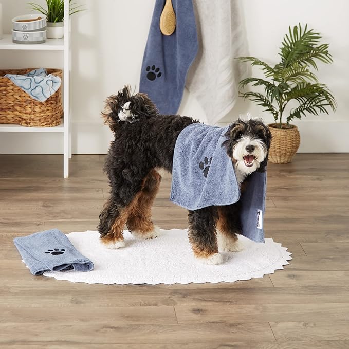 Bone Dry Pet Grooming, Embroidered Microfiber Towel Drying Collection, 15x30, Stonewash Blue