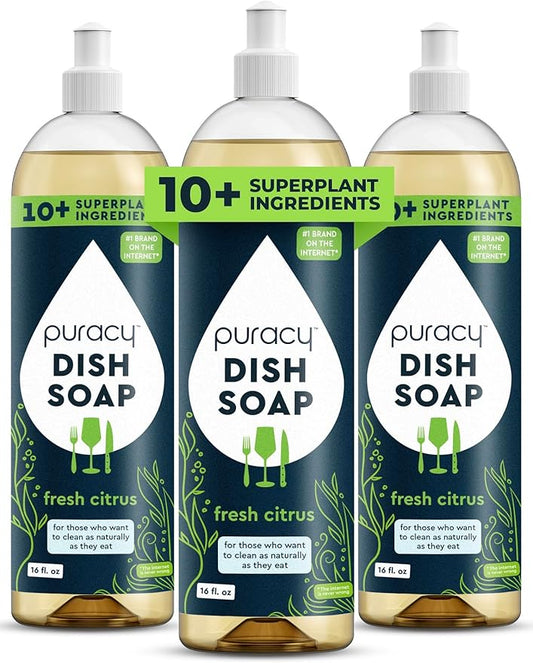 Puracy Natural Dish Soap - Skin-Softening Plant-Based Dishwashing Soap, Non-Toxic Dish Soap, Organic Liquid Dishwashing Detergent Soap (Fresh Citrus, 16 fl oz)