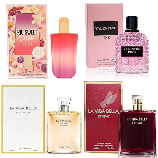 4PCS Perfume Set for Women Fragrance Gift Set with Vanilla,Sweet Fruity Eau De Parfume| 3.4 Fl Oz Each(La Vida Bella,La Vida Bella Ext,Valentine Pink,Rio Sweet Crush Vanilla)