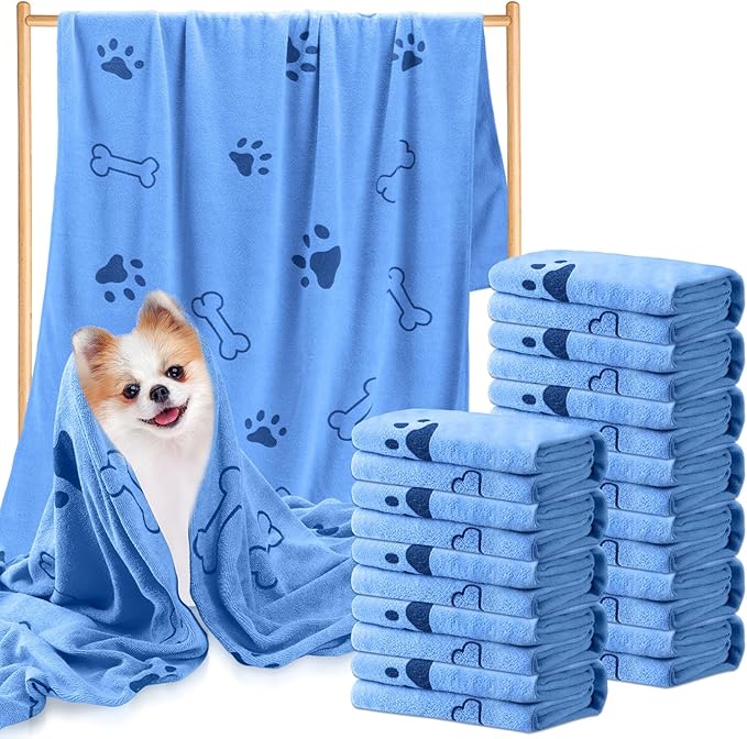 Tatuo 12 Pcs Dog Grooming Towels 28 x 55 Inch Microfiber Drying Pet Bath Towels Dog Absorbent Towel Quick Drying Puppy Bathing Supplies for Small Medium Large Puppy Cat(Blue,Paw, Bone)