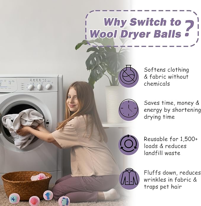 Wool Dryer Balls XL Size 6 Pack - Fun Dryer Balls with Ocean Pattern Cute Dryer Balls Laundry Reusable Anti Static Handmade New Zealand Wool Balls (Cute Ocean Pattern)