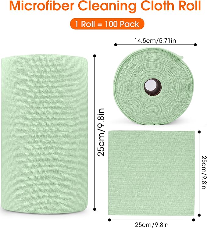 Roll of Microfiber Cleaning Cloth –100 Pack, Tear Away Microfiber Towels, Reusable, Washable, Scratch-Free, Cleaning Supplies,Kitchen Towels for Car, Home, Kitchen, Dishes(Bean Green)