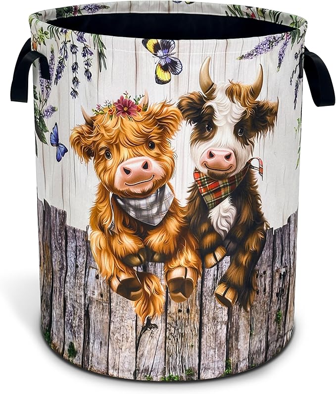 Highland Cow Laundry Basket Cute Calf Oxford Cloth Laundry Hamper With Handle Foldable Portable Clothes Storage Basket 18.9 X 16.5 Inch Storage Bag For Laundry Room/Bathroom/Bedroom/Dormitories