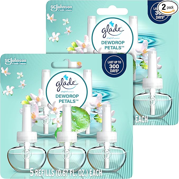 Glade PlugIns Refills Air Freshener, Dewdrop Petals, Scented and Essential Oils for Home and Bathroom, 0.67 Fl Oz, 5 Count (Pack of 2)