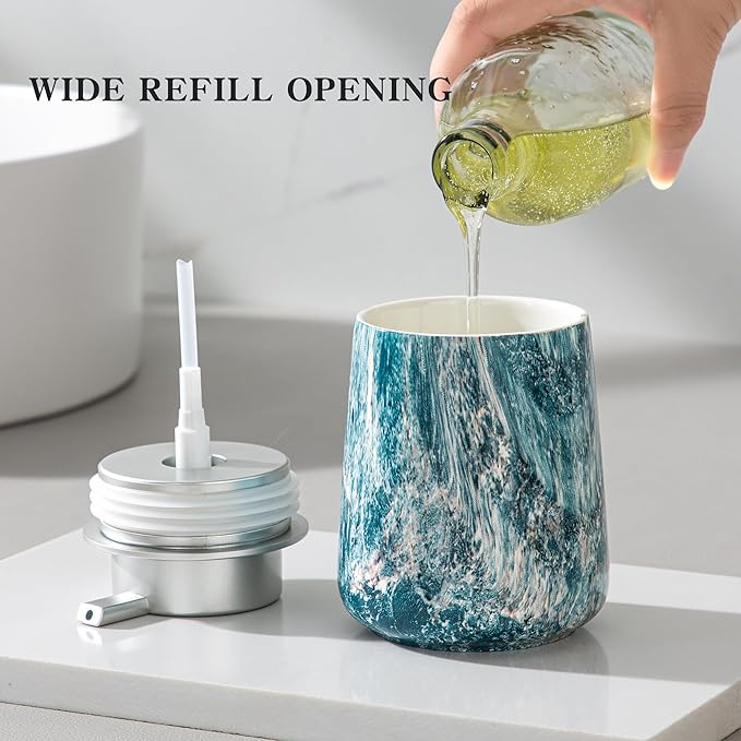 Enra Ceramic Hand Soap Dispenser,12 oz Blue Lotion Dispenser Bathroom Liquid Refillable Dish Soap Dispenser for Bathroom Kitchen with Easy-to-Press Silver Pump (Blue Liquid Type)