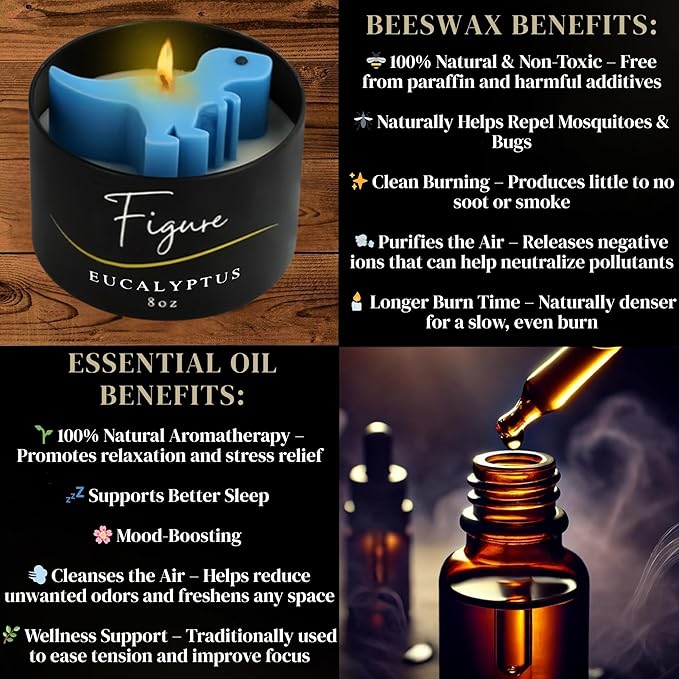 Blue Dinosaur Candle – Handcrafted Soy & Beeswax Blend with Eucalyptus Essential Oil | Refreshing Candle for Kids & New Moms | Calming Aroma, Cute Dino Gift, Clean Burn, Made in USA