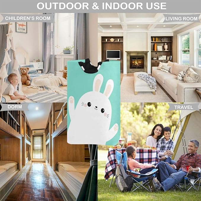 visesunny Easter White Rabbit Bunny Animal Large Laundry Hamper with Handle Foldable Durable Clothes Hamper Laundry Bag Toy Bin for Bathroom, Bedroom, Dorm, Travel