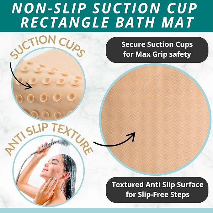 ENKOSI Bath Mat for Bathtub and Shower Floors - Non Slip Shower Mat – Anti Slip Tub tub Mat with Strong Suction Cup Grip – Soft, Beige Bathroom Mat for Inside Baths and Showers (28x16 Beige)