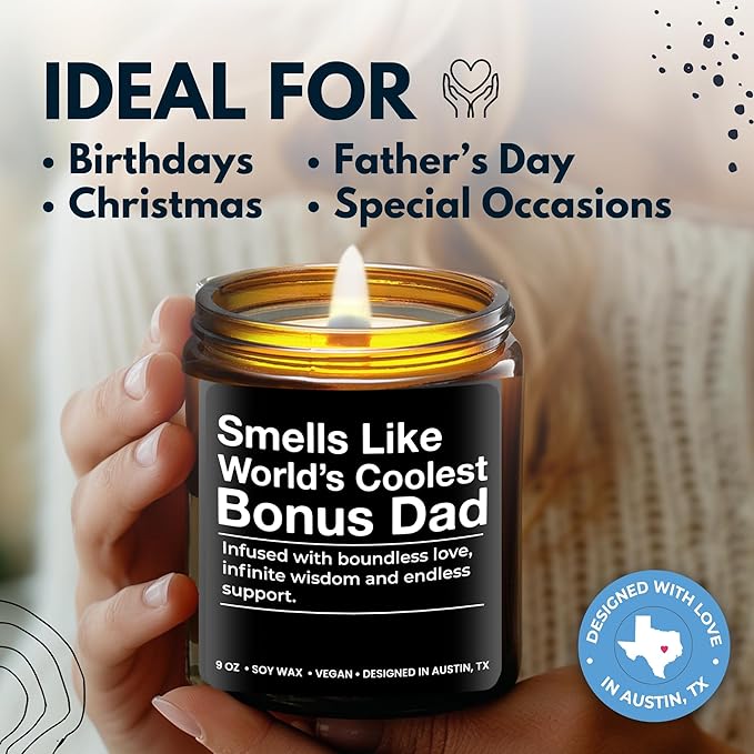 World's Coolest Bonus Dad Candle, Unique Sentimental Father's Day & Birthday Gift for Step Dad, Thoughtful Gifts for Father in Law, Best Presents for Birthday, Christmas, Special Occasions, Gift Ready