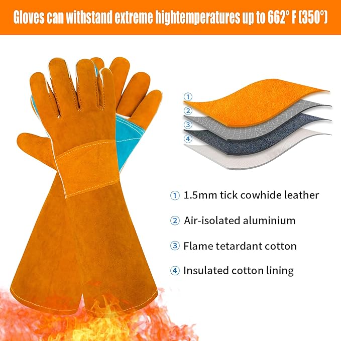 17.7In Cat Gloves, Animal Handling Gloves Bite Proof with Double Leather Pet Grooming for Cats & Dogs