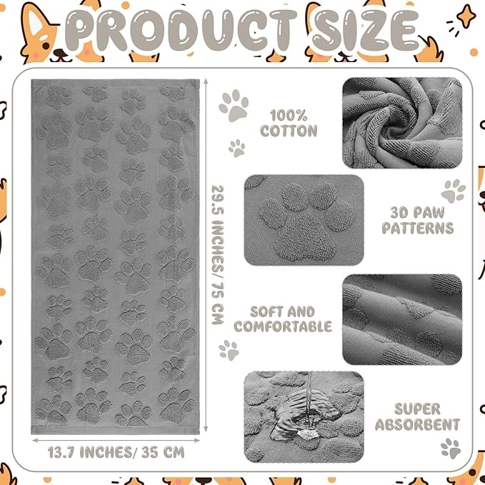 2 Pcs 3D Dog Paw Hand Towels for Bathroom, Cute Gray Dog Paw Jacquard Weave 100% Cotton Absorbent Decorative Towels for Bathroom Kitchen Decor Gift, 13.7 x 29.5 Inch