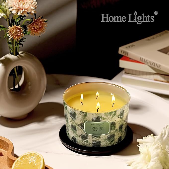 HomeLights 4-Wick Candles for Home Scented - 18oz Soy Wax Blend Candle Long-Lasting Fragrance, Scandinavian Minimalist Design Home Decor and Housewarming Gifts, Coconut Island