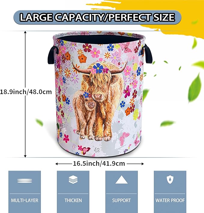 Highland Cow Laundry Basket Cute Cattle Foldable Waterproof Oxford Cloth Funny Tote Bag Laundry Hamper Clothes Storage Bucket Toy Organizer For Bathroom/Laundry Storage/Bedroom 18.9x16.5 Inch