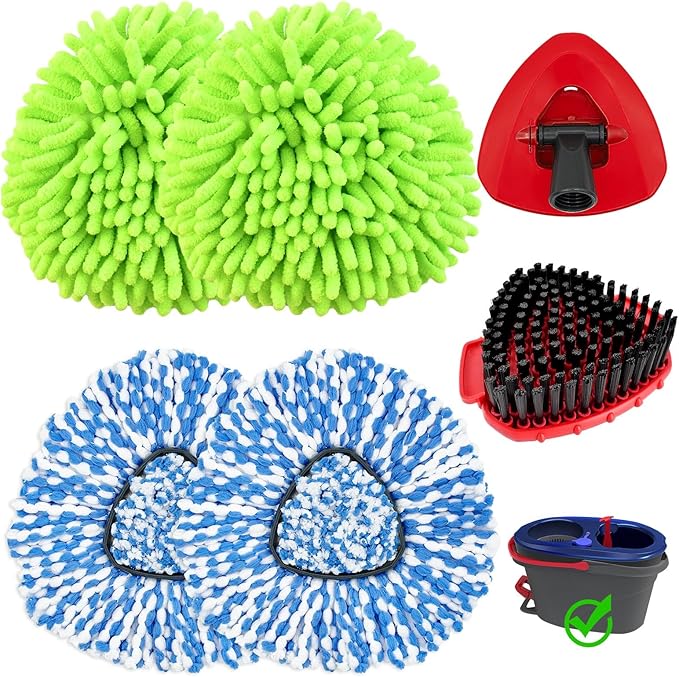 2 Microfiber Mop Head Refills and 2 Chenille Mop Pads,1 Upgrade Scrub Brush 1 Spin Mop Base for O Cedar RinseClean 2 Tank Spin Mop System,Spin Microfiber Mop Refills for Cleaning All Floors