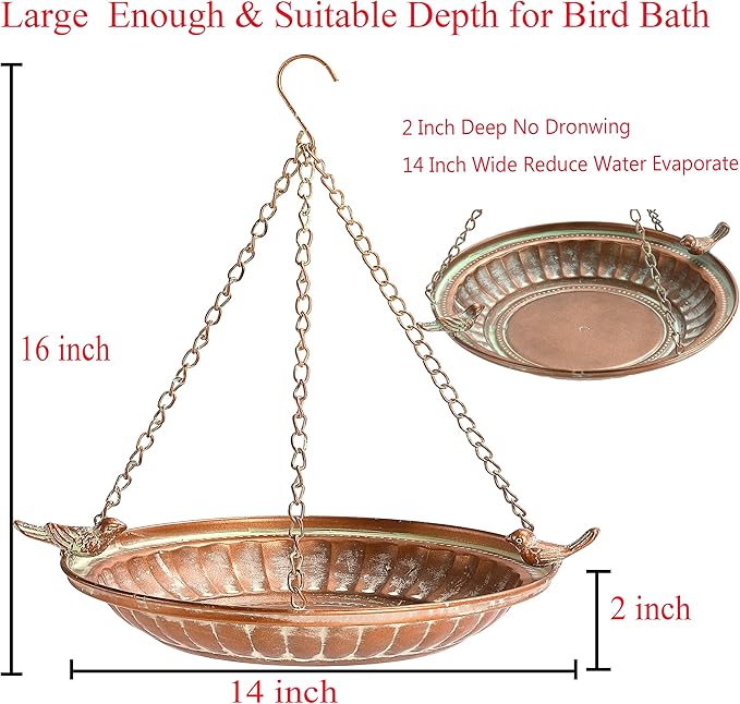 Iron Hanging Bird Baths for Outdoors - Copper Color Hanging BirdBath Basin - Bird Feeder Bowl Plate Tray for Outside Garden Patio Decoration - 11 Inches