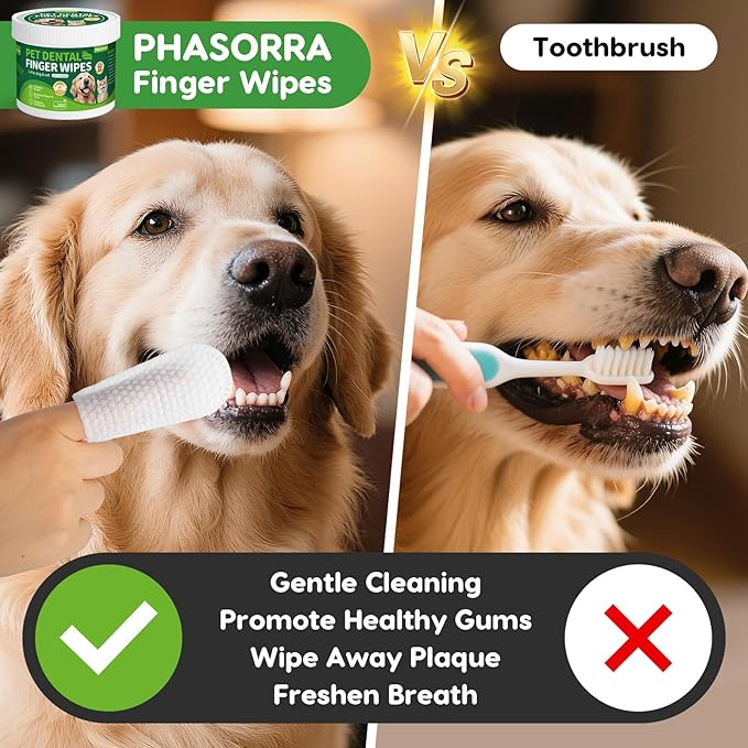 Dog Dental Care Wipes - Tooth Brushing kit, Teeth Cleaning Wipes for Dogs & Cats, Toothbrush Finger Dental Wipes Gum Care & Remove Stain - 60 Count