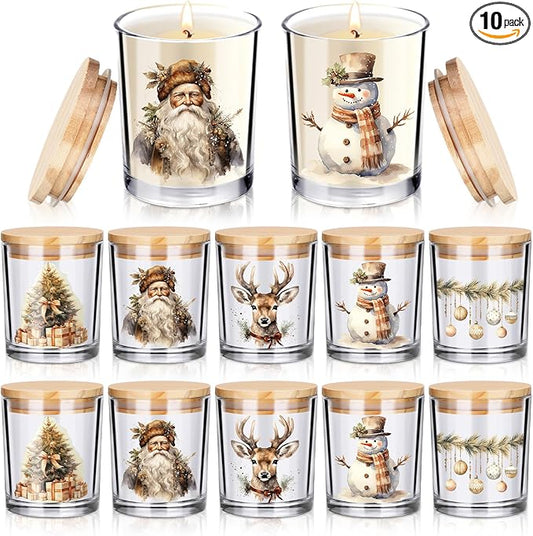 10 Pcs Vintage Brown Christmas Glass Candle Jars Empty Containers Bulk 7 oz Farmhouse Glass Jars with Cork Lids Tins for Xmas Holiday Candle Making Storing Biscuits Tea Party Favors